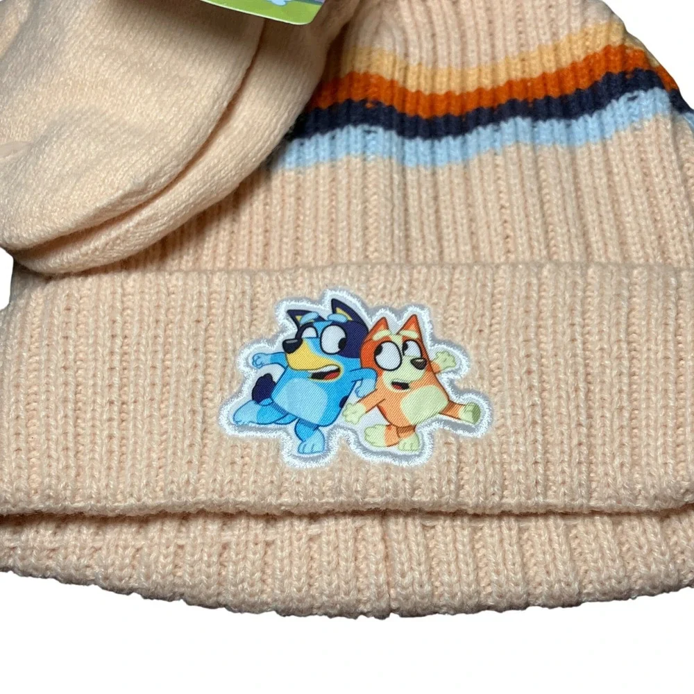 Bluey Knit Beanie Set Kids One Size Off White NEW Pom Hat Mittens Striped 2pc